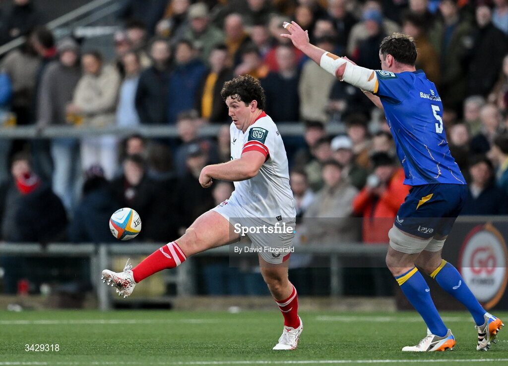 17 April 2026; Tom Stewart of Ulster attempts a 'chip and chase' during the United Rugby Championship match between Ulster and Leinster at Affidea Stadium in Belfast. Photo by David Fitzgerald/Sportsfile