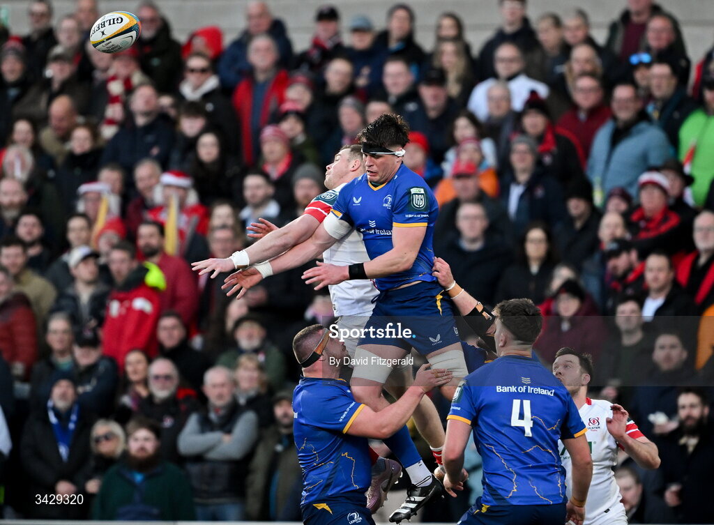 17 April 2026; Alex Soroka of Leinster in action against Zac Ward of Ulster during the United Rugby Championship match between Ulster and Leinster at Affidea Stadium in Belfast. Photo by David Fitzgerald/Sportsfile