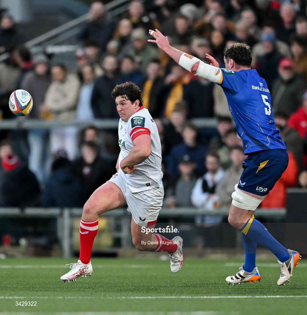 17 April 2026; Tom Stewart of Ulster attempts a 'chip and chase' during the United Rugby Championship match between Ulster and Leinster at Affidea Stadium in Belfast. Photo by David Fitzgerald/Sportsfile