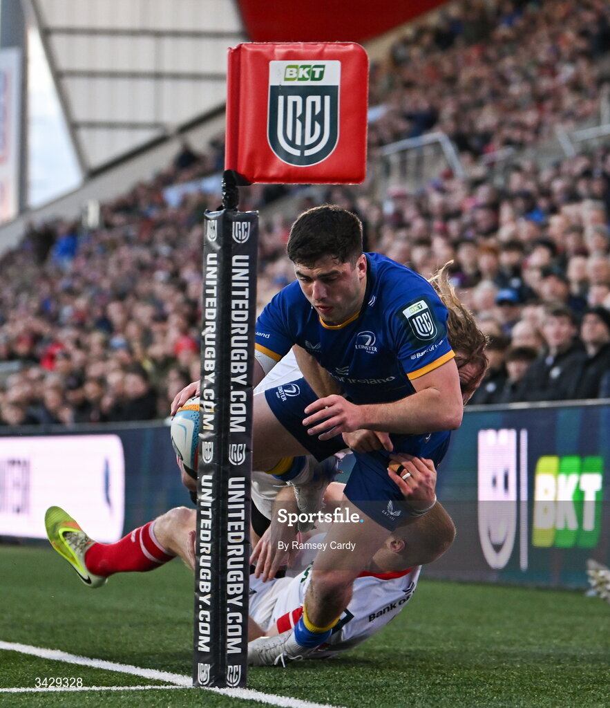 17 April 2026; Jimmy O'Brien of Leinster is tackled into touch by Werner Kok and Jacob Stockdale of Ulster during the United Rugby Championship match between Ulster and Leinster at Affidea Stadium in Belfast. Photo by Ramsey Cardy/Sportsfile