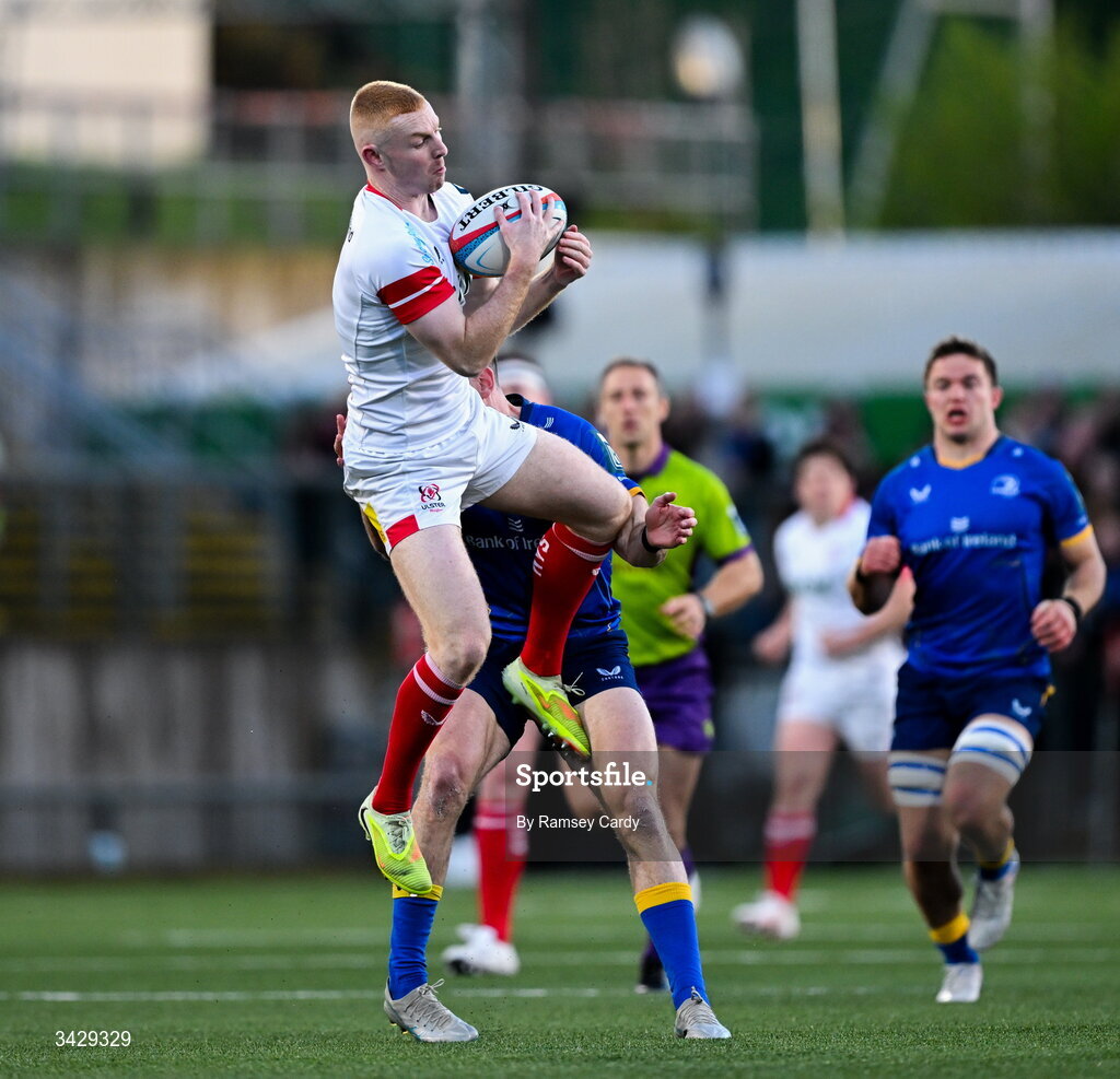 17 April 2026; Nathan Doak of Ulster is tackled by Hugo Keenan of Leinster during the United Rugby Championship match between Ulster and Leinster at Affidea Stadium in Belfast. Photo by Ramsey Cardy/Sportsfile