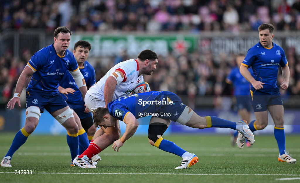 17 April 2026; Tom O'Toole of Ulster is tackled by Garry Ringrose of Leinster during the United Rugby Championship match between Ulster and Leinster at Affidea Stadium in Belfast. Photo by Ramsey Cardy/Sportsfile
