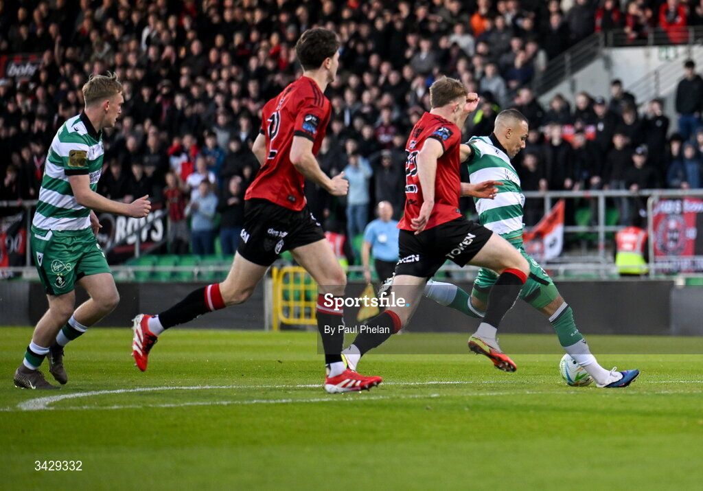 17 April 2026; Graham Burke of Shamrock Rovers scores his side's first goal during the SSE Airtricity Men's Premier Division match between Shamrock Rovers and Bohemians at Tallaght Stadium in Dublin. Photo by Paul Phelan/Sportsfile