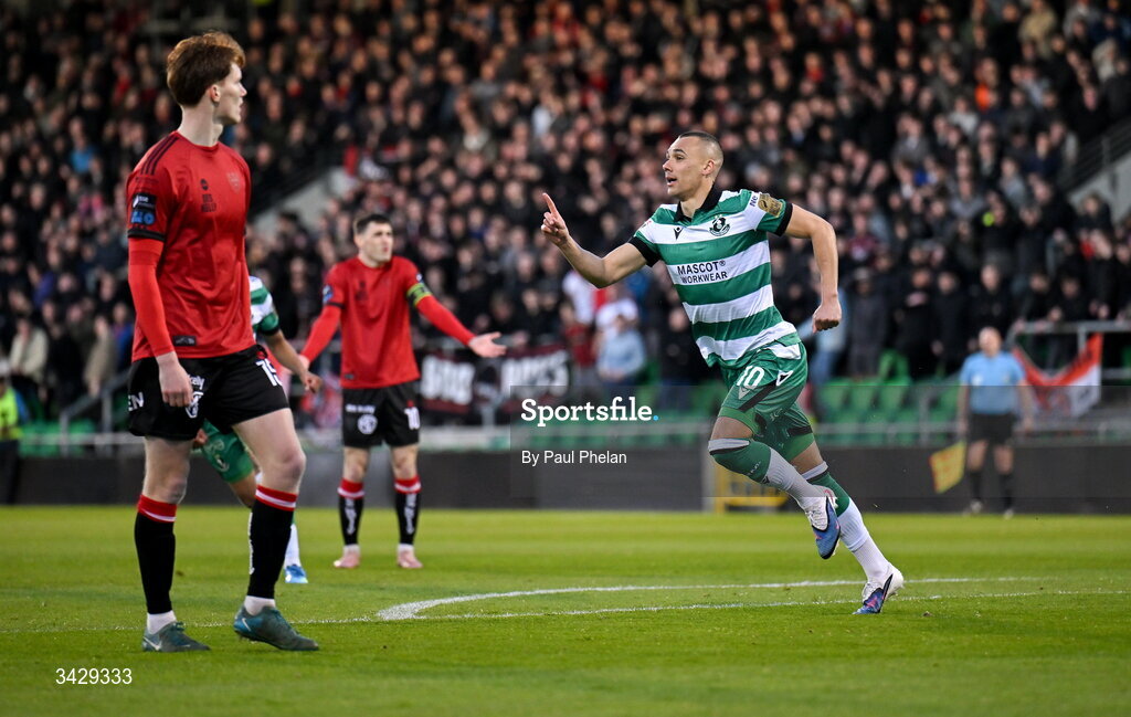 17 April 2026; Graham Burke of Shamrock Rovers celebrates after scoring his side's first goal during the SSE Airtricity Men's Premier Division match between Shamrock Rovers and Bohemians at Tallaght Stadium in Dublin. Photo by Paul Phelan/Sportsfile