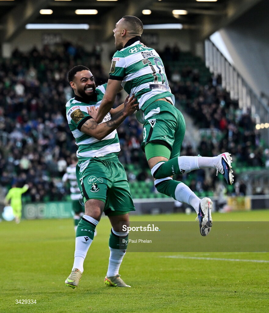 17 April 2026; Graham Burke of Shamrock Rovers celebrates with Jake Mulraney after scoring his side's first goal during the SSE Airtricity Men's Premier Division match between Shamrock Rovers and Bohemians at Tallaght Stadium in Dublin. Photo by Paul Phelan/Sportsfile
