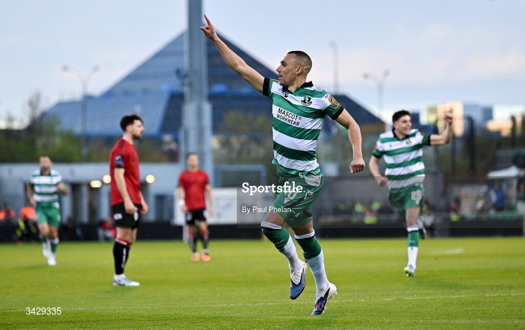 17 April 2026; Graham Burke of Shamrock Rovers celebrates after scoring his side's first goal during the SSE Airtricity Men's Premier Division match between Shamrock Rovers and Bohemians at Tallaght Stadium in Dublin. Photo by Paul Phelan/Sportsfile