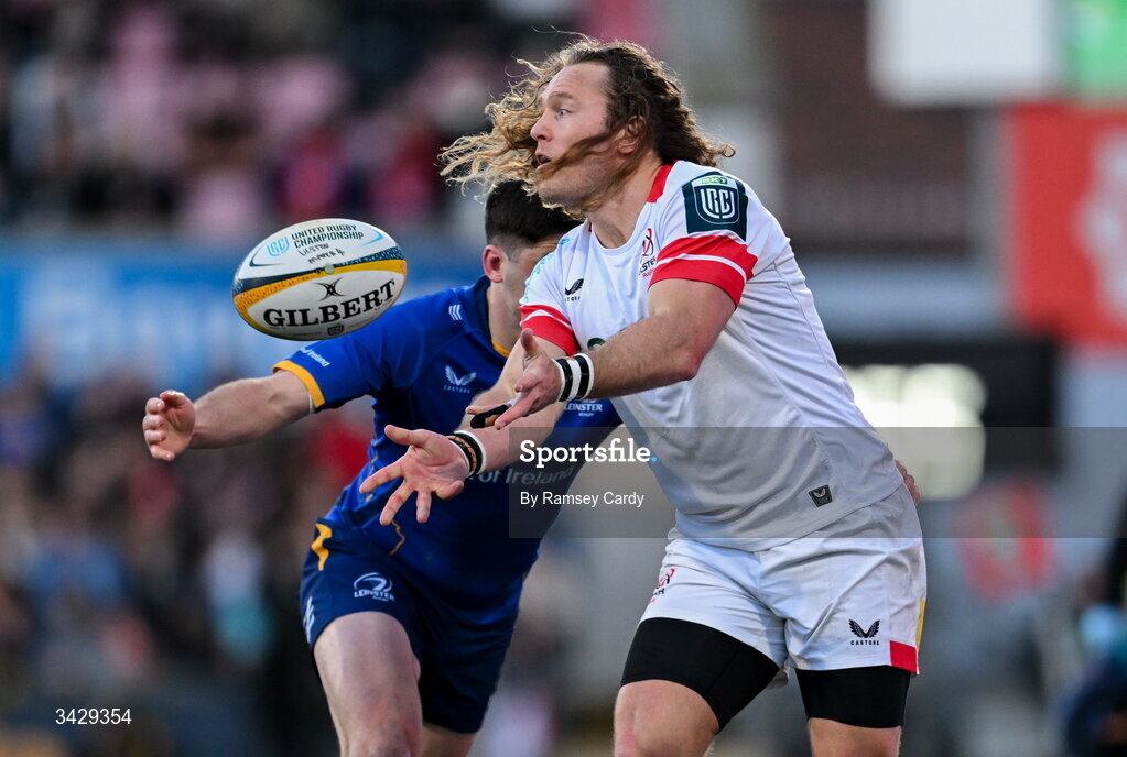 17 April 2026; Werner Kok of Ulster is tackled by Jimmy O'Brien of Leinster during the United Rugby Championship match between Ulster and Leinster at Affidea Stadium in Belfast. Photo by Ramsey Cardy/Sportsfile