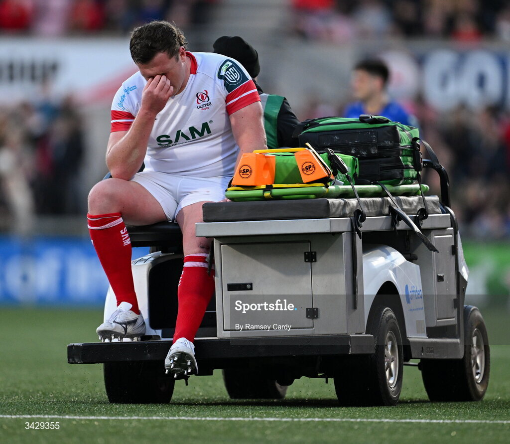 17 April 2026; Angus Bell of Ulster leaves the pitch with an injury during the United Rugby Championship match between Ulster and Leinster at Affidea Stadium in Belfast. Photo by Ramsey Cardy/Sportsfile