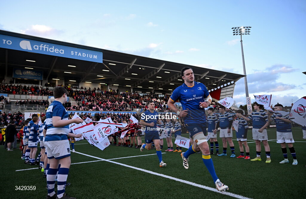 17 April 2026; James Ryan of Leinster runs out before the United Rugby Championship match between Ulster and Leinster at Affidea Stadium in Belfast. Photo by Ramsey Cardy/Sportsfile