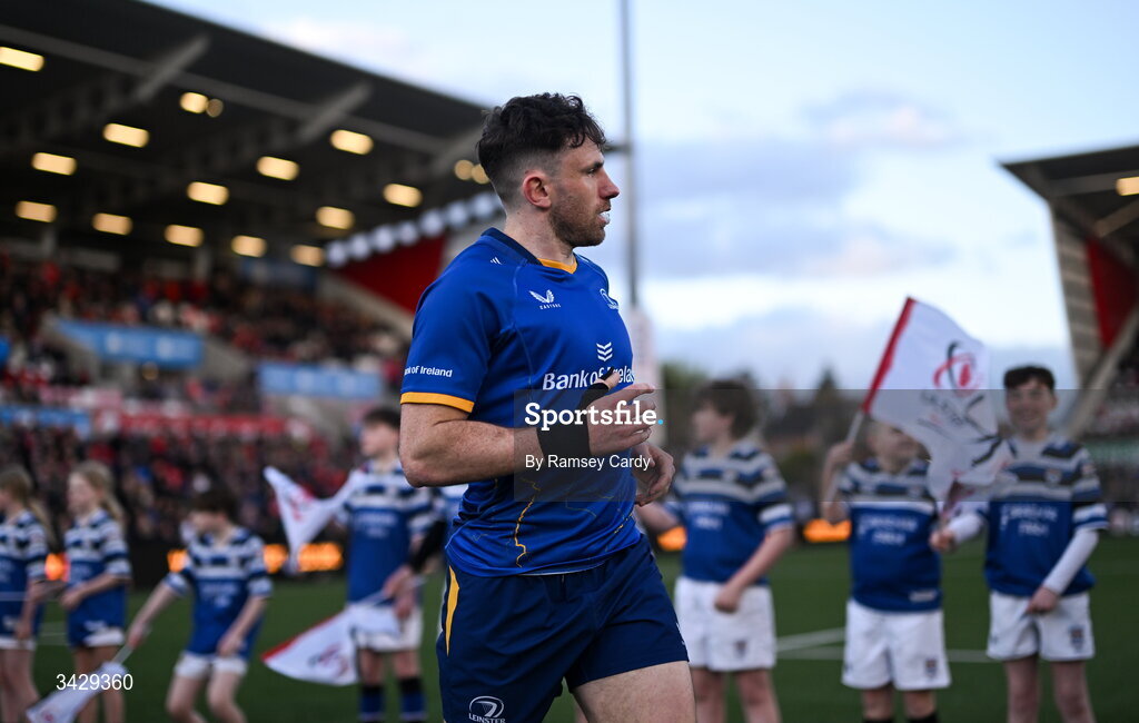 17 April 2026; Hugo Keenan of Leinster runs out before the United Rugby Championship match between Ulster and Leinster at Affidea Stadium in Belfast. Photo by Ramsey Cardy/Sportsfile