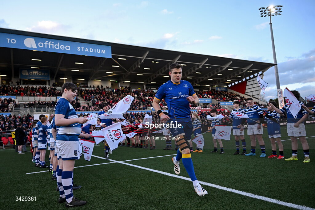 17 April 2026; Garry Ringrose of Leinster runs out before the United Rugby Championship match between Ulster and Leinster at Affidea Stadium in Belfast. Photo by Ramsey Cardy/Sportsfile