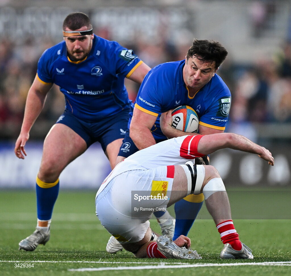 17 April 2026; Thomas Clarkson of Leinster in action against Sean Reffell of Ulster during the United Rugby Championship match between Ulster and Leinster at Affidea Stadium in Belfast. Photo by Ramsey Cardy/Sportsfile