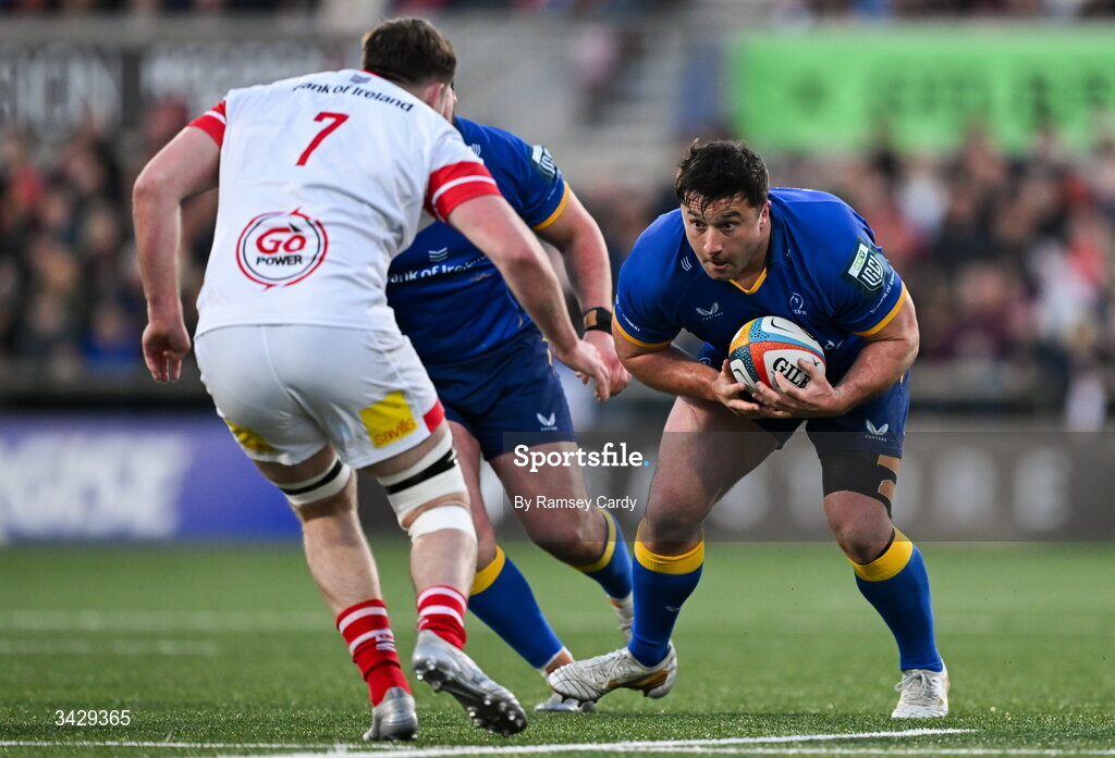 17 April 2026; Thomas Clarkson of Leinster in action against Sean Reffell of Ulster during the United Rugby Championship match between Ulster and Leinster at Affidea Stadium in Belfast. Photo by Ramsey Cardy/Sportsfile