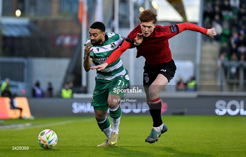 17 April 2026; Jake Mulraney of Shamrock Rovers in action against Senan Mullen of Bohemians during the SSE Airtricity Men's Premier Division match between Shamrock Rovers and Bohemians at Tallaght Stadium in Dublin. Photo by Paul Phelan/Sportsfile