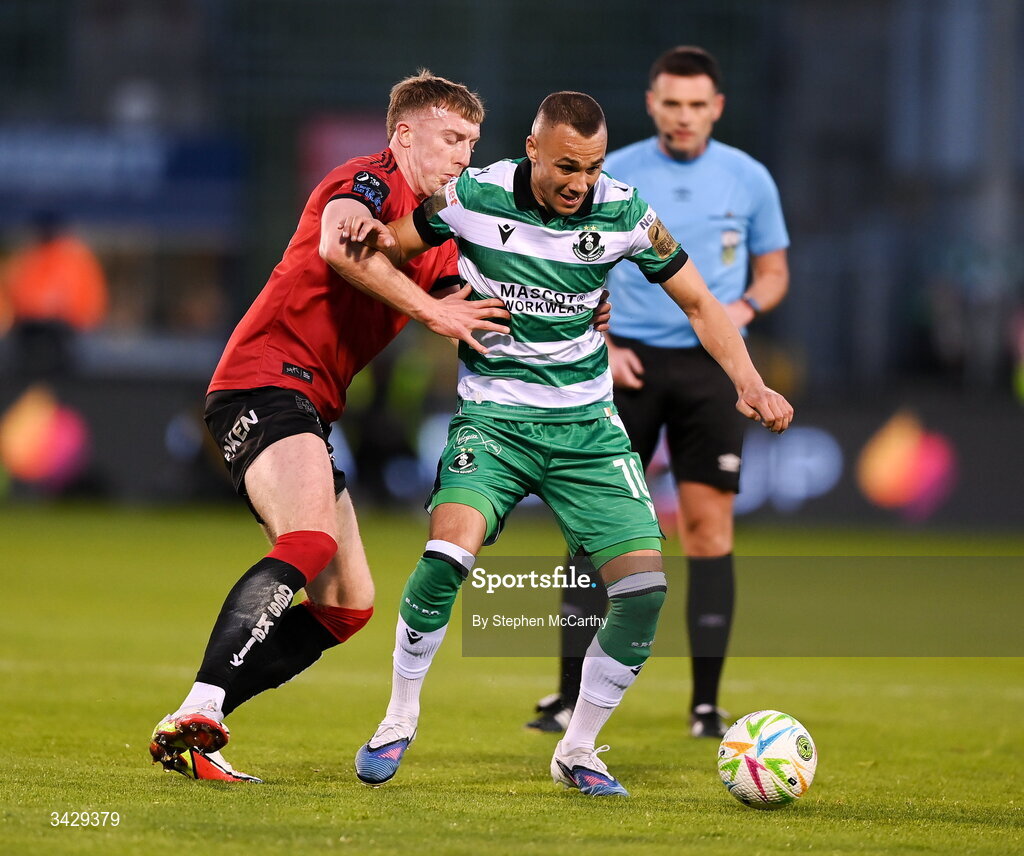 17 April 2026; Graham Burke of Shamrock Rovers in action against Sam Todd of Bohemians during the SSE Airtricity Men's Premier Division match between Shamrock Rovers and Bohemians at Tallaght Stadium in Dublin. Photo by Stephen McCarthy/Sportsfile