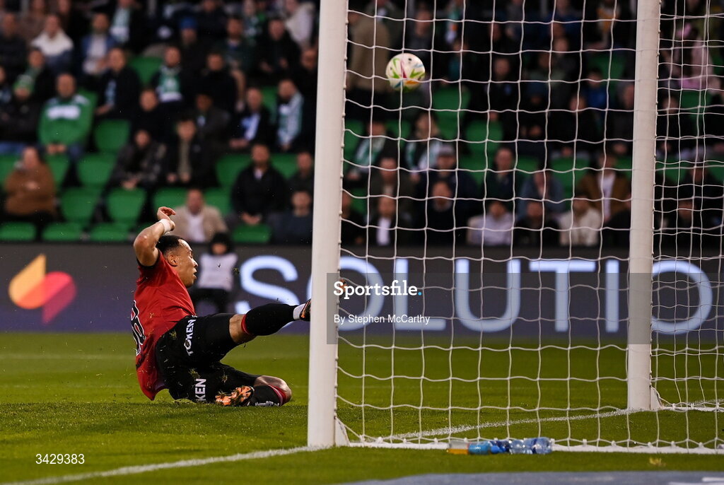 17 April 2026; Douglas James-Taylor of Bohemians reacts to a missed opportunity on goal during the SSE Airtricity Men's Premier Division match between Shamrock Rovers and Bohemians at Tallaght Stadium in Dublin. Photo by Stephen McCarthy/Sportsfile