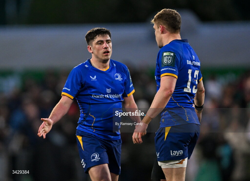 17 April 2026; Jimmy O'Brien, left, and Garry Ringrose of Leinster during the United Rugby Championship match between Ulster and Leinster at Affidea Stadium in Belfast. Photo by Ramsey Cardy/Sportsfile
