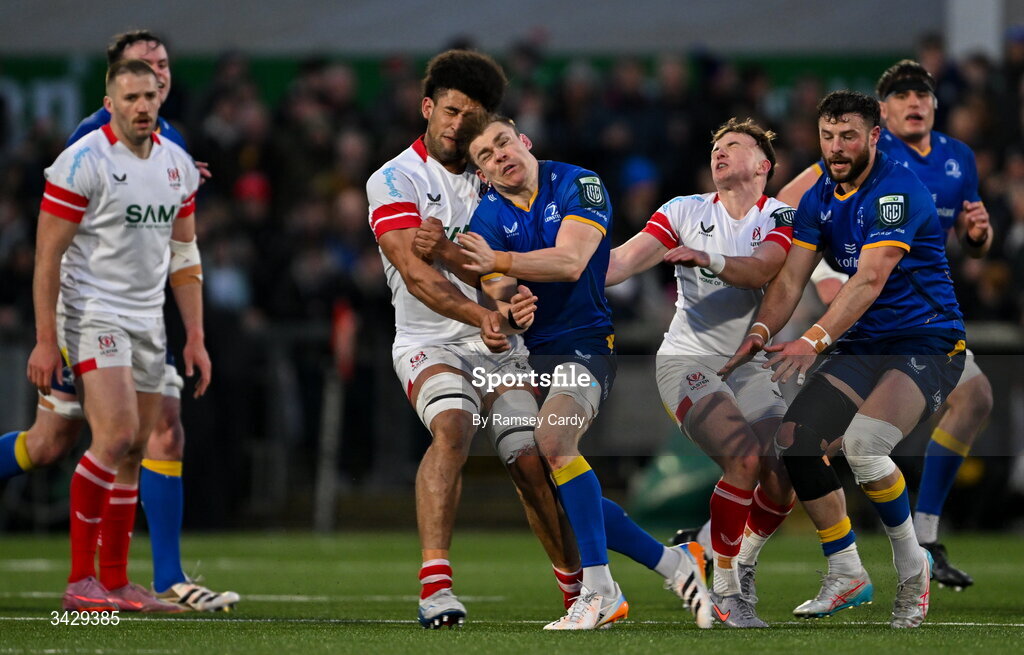 17 April 2026; Garry Ringrose of Leinster collides with Cormac Izuchukwu of Ulster during the United Rugby Championship match between Ulster and Leinster at Affidea Stadium in Belfast. Photo by Ramsey Cardy/Sportsfile