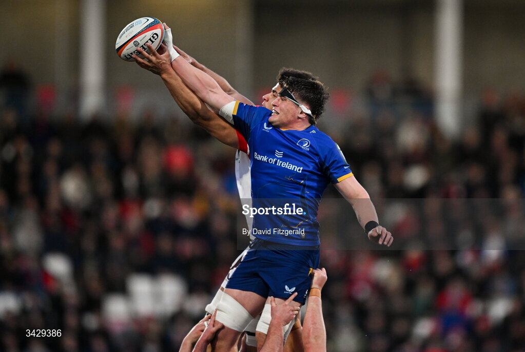 17 April 2026; Alex Soroka of Leinster in action against Cormac Izuchukwu of Ulster during the United Rugby Championship match between Ulster and Leinster at Affidea Stadium in Belfast. Photo by David Fitzgerald/Sportsfile