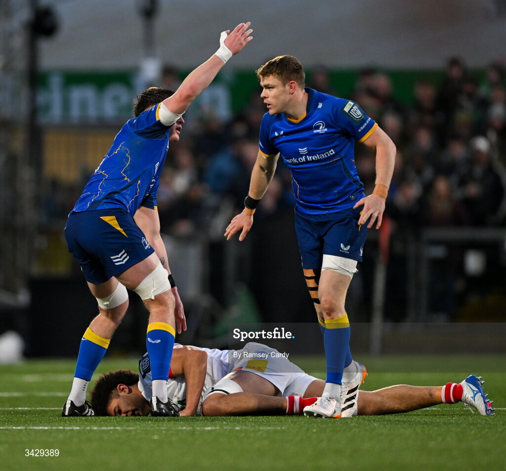 17 April 2026; Alex Soroka of Leinster calls for medical assistance for the injured Cormac Izuchukwu of Ulster during the United Rugby Championship match between Ulster and Leinster at Affidea Stadium in Belfast. Photo by Ramsey Cardy/Sportsfile