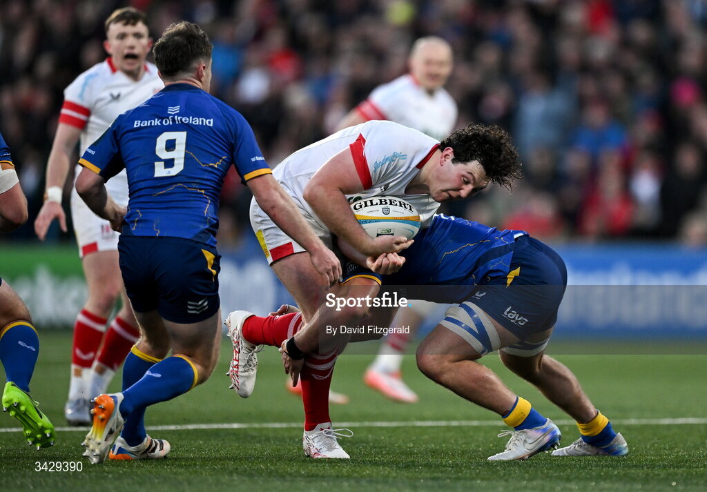 17 April 2026; Tom Stewart of Ulster is tackled by Scott Penny of Leinster during the United Rugby Championship match between Ulster and Leinster at Affidea Stadium in Belfast. Photo by David Fitzgerald/Sportsfile
