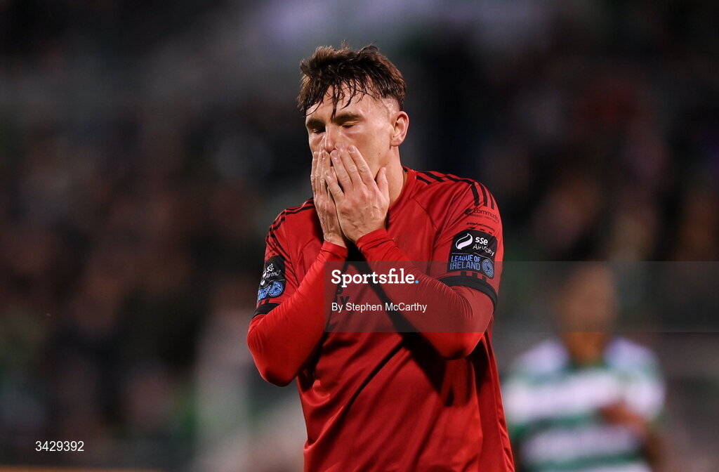 17 April 2026; Dayle Rooney of Bohemians reacts to a missed opportunity on goal during the SSE Airtricity Men's Premier Division match between Shamrock Rovers and Bohemians at Tallaght Stadium in Dublin. Photo by Stephen McCarthy/Sportsfile