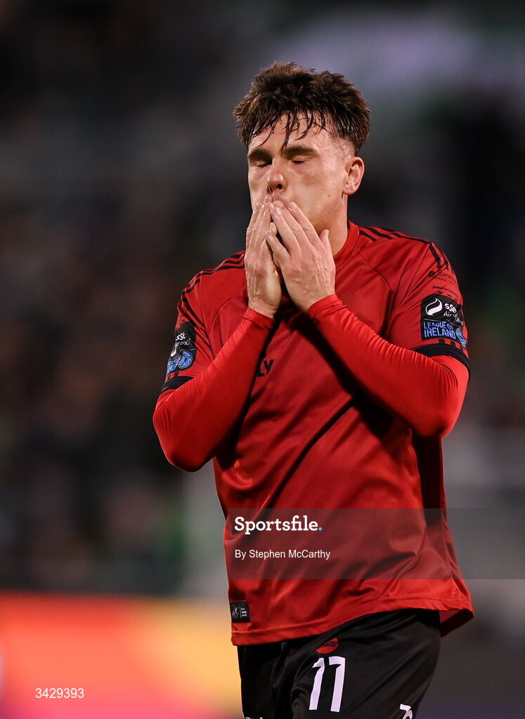 17 April 2026; Dayle Rooney of Bohemians reacts to a missed opportunity on goal during the SSE Airtricity Men's Premier Division match between Shamrock Rovers and Bohemians at Tallaght Stadium in Dublin. Photo by Stephen McCarthy/Sportsfile