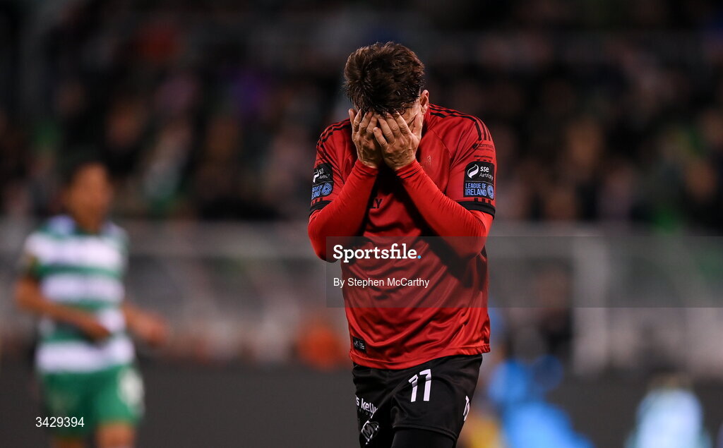 17 April 2026; Dayle Rooney of Bohemians reacts to a missed opportunity on goal during the SSE Airtricity Men's Premier Division match between Shamrock Rovers and Bohemians at Tallaght Stadium in Dublin. Photo by Stephen McCarthy/Sportsfile