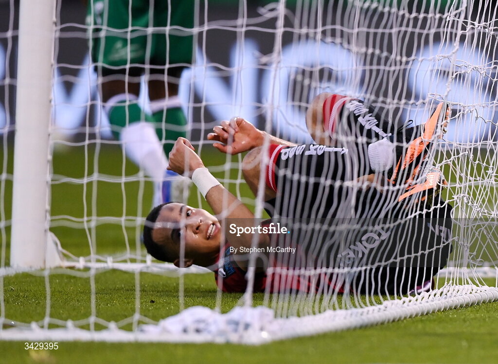 17 April 2026; Douglas James-Taylor of Bohemians reacts to a missed opportunity on goal during the SSE Airtricity Men's Premier Division match between Shamrock Rovers and Bohemians at Tallaght Stadium in Dublin. Photo by Stephen McCarthy/Sportsfile