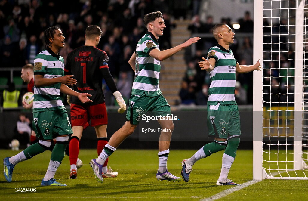 17 April 2026; Graham Burke of Shamrock Rovers celebrates after scoring his side's second goal during the SSE Airtricity Men's Premier Division match between Shamrock Rovers and Bohemians at Tallaght Stadium in Dublin. Photo by Paul Phelan/Sportsfile