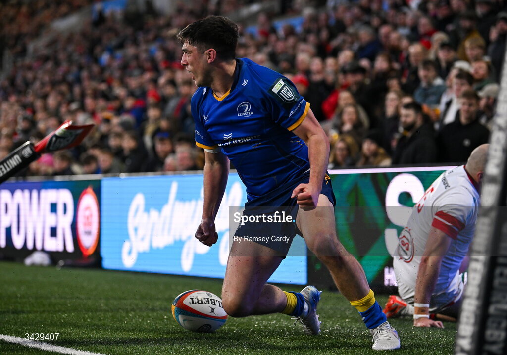 17 April 2026; Jimmy O'Brien of Leinster celebrates after scoring his side's second try during the United Rugby Championship match between Ulster and Leinster at Affidea Stadium in Belfast. Photo by Ramsey Cardy/Sportsfile