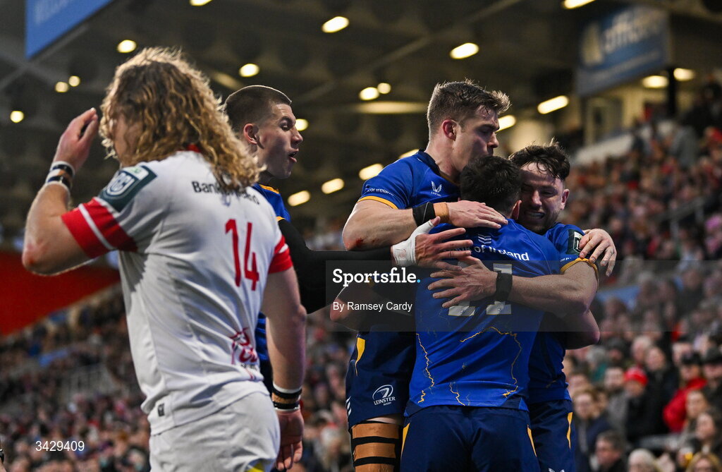 17 April 2026; Jimmy O'Brien of Leinster celebrates with teammates after scoring their side's second try during the United Rugby Championship match between Ulster and Leinster at Affidea Stadium in Belfast. Photo by Ramsey Cardy/Sportsfile
