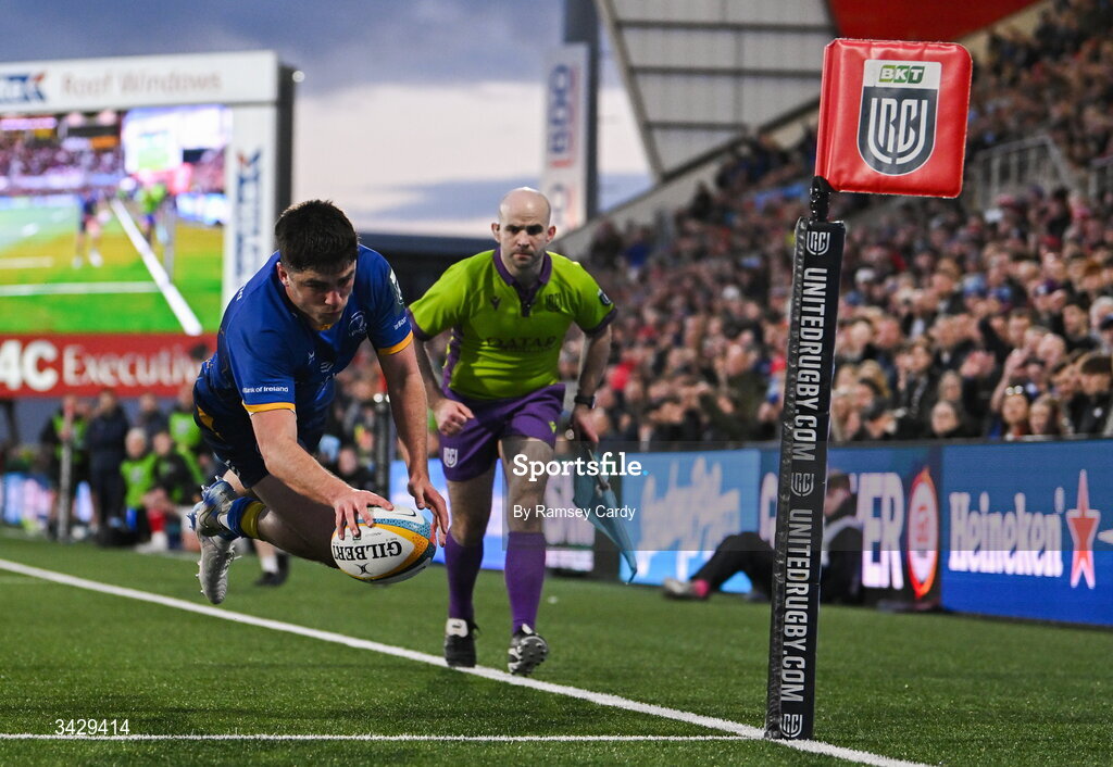 17 April 2026; Jimmy O'Brien of Leinster dives over to score his side's second try during the United Rugby Championship match between Ulster and Leinster at Affidea Stadium in Belfast. Photo by Ramsey Cardy/Sportsfile
