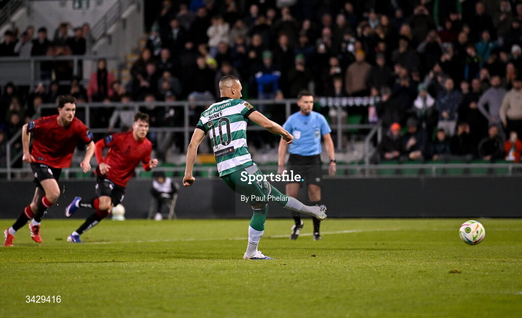 17 April 2026; Graham Burke of Shamrock Rovers scores a penalty during the SSE Airtricity Men's Premier Division match between Shamrock Rovers and Bohemians at Tallaght Stadium in Dublin. Photo by Paul Phelan/Sportsfile