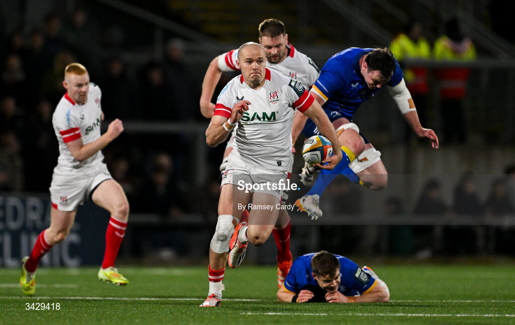17 April 2026; Jacob Stockdale of Ulster makes a break during the United Rugby Championship match between Ulster and Leinster at Affidea Stadium in Belfast. Photo by Ramsey Cardy/Sportsfile