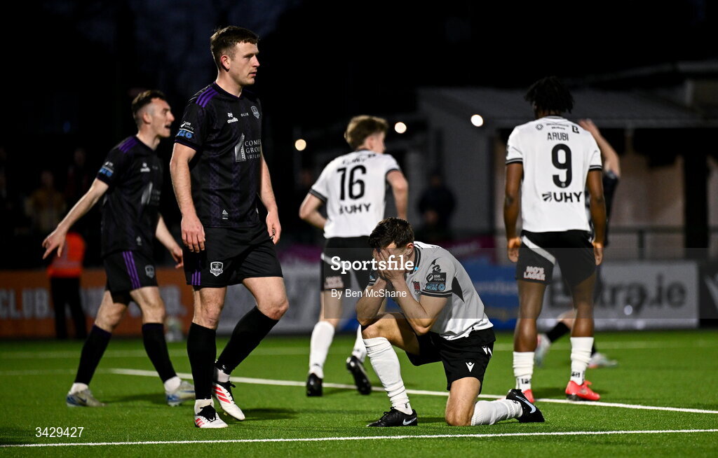17 April 2026; Keith Buckley of Dundalk reacts after a missed opportunity on goal during the SSE Airtricity Men's Premier Division match between Dundalk and Galway United at Oriel Park in Dundalk, Louth. Photo by Ben McShane/Sportsfile