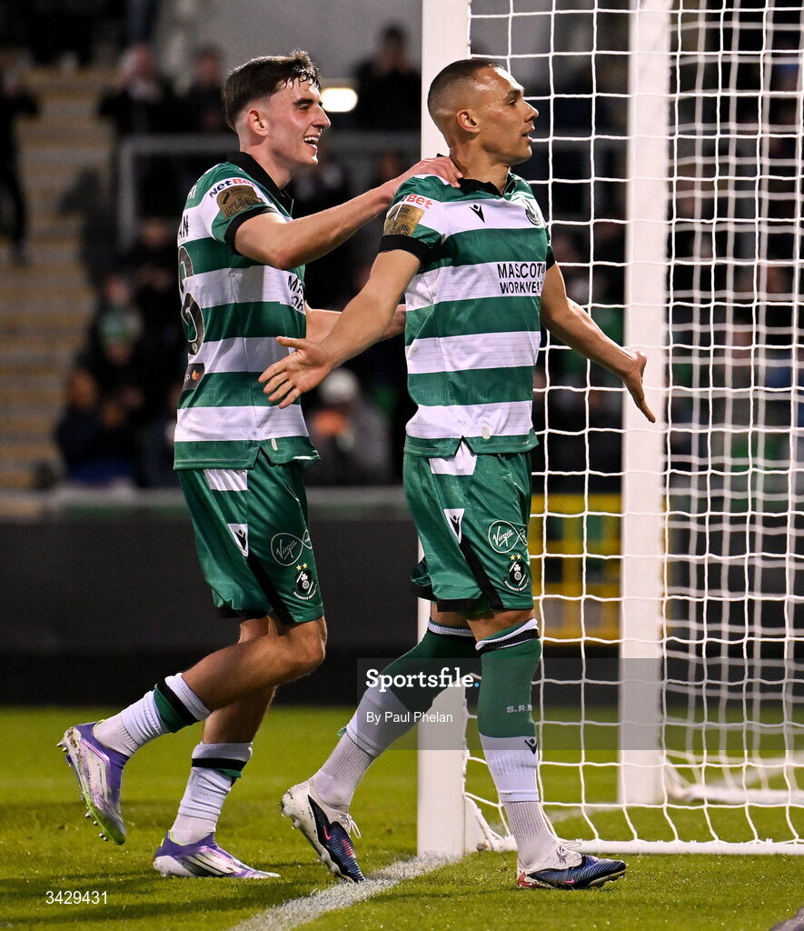 17 April 2026; Graham Burke of Shamrock Rovers celebrates after scoring his side's second goal during the SSE Airtricity Men's Premier Division match between Shamrock Rovers and Bohemians at Tallaght Stadium in Dublin. Photo by Paul Phelan/Sportsfile