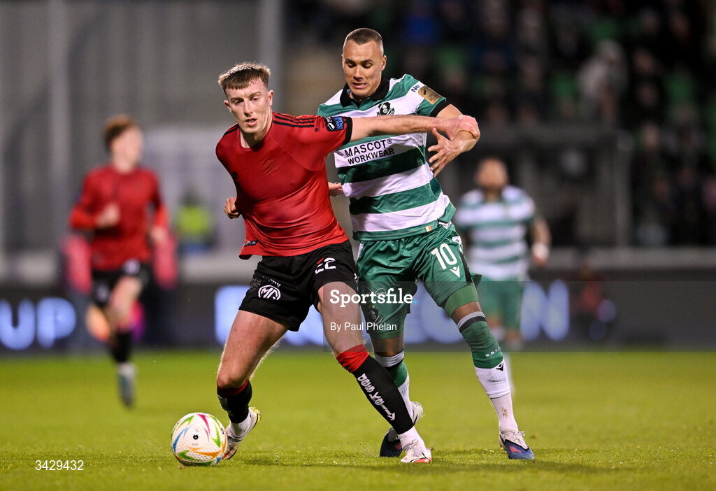 17 April 2026; Sam Todd of Bohemians in action against Graham Burke of Shamrock Rovers during the SSE Airtricity Men's Premier Division match between Shamrock Rovers and Bohemians at Tallaght Stadium in Dublin. Photo by Paul Phelan/Sportsfile