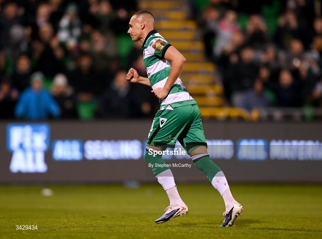 17 April 2026; Graham Burke of Shamrock Rovers celebrates after scoring his side's second goal during the SSE Airtricity Men's Premier Division match between Shamrock Rovers and Bohemians at Tallaght Stadium in Dublin. Photo by Stephen McCarthy/Sportsfile