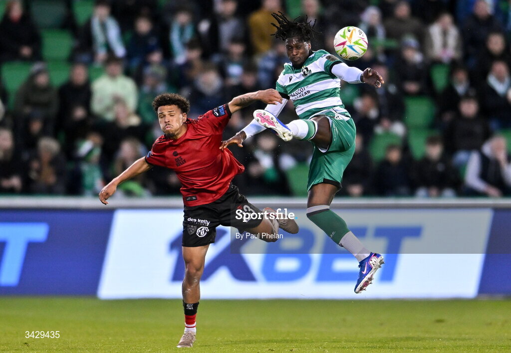 17 April 2026; Zane Myers of Bohemians in action against Tunmise Sobowale of Shamrock Rovers during the SSE Airtricity Men's Premier Division match between Shamrock Rovers and Bohemians at Tallaght Stadium in Dublin. Photo by Paul Phelan/Sportsfile