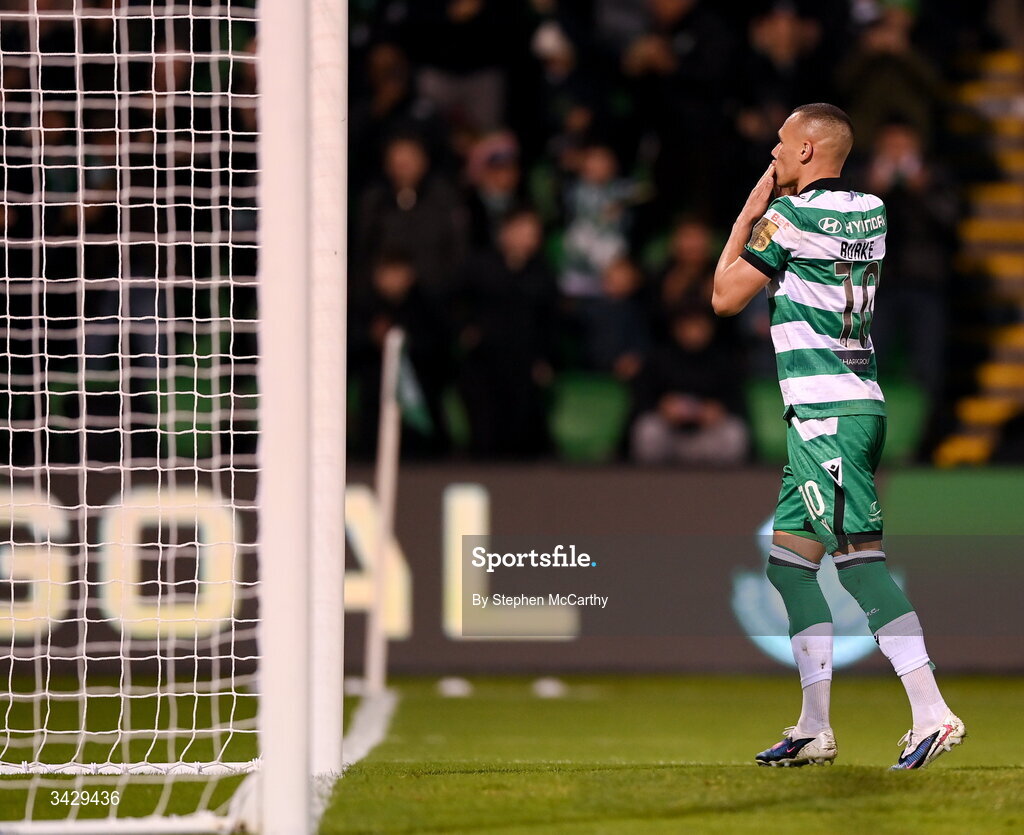 17 April 2026; Graham Burke of Shamrock Rovers celebrates after scoring his side's second goal during the SSE Airtricity Men's Premier Division match between Shamrock Rovers and Bohemians at Tallaght Stadium in Dublin. Photo by Stephen McCarthy/Sportsfile