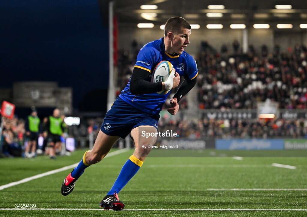 17 April 2026; Sam Prendergast of Leinster on his way to scoring his side's fourth try during the United Rugby Championship match between Ulster and Leinster at Affidea Stadium in Belfast. Photo by David Fitzgerald/Sportsfile