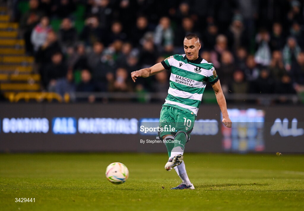 17 April 2026; Graham Burke of Shamrock Rovers shoots to score his side's second goal, a penalty, during the SSE Airtricity Men's Premier Division match between Shamrock Rovers and Bohemians at Tallaght Stadium in Dublin. Photo by Stephen McCarthy/Sportsfile