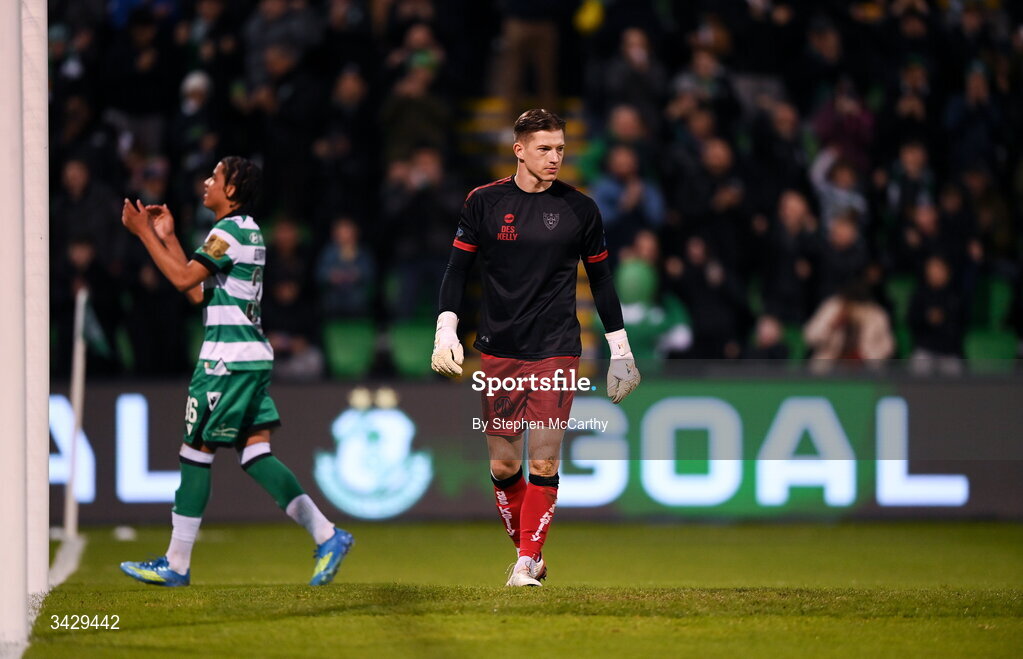 17 April 2026; Bohemians goalkeeper Kacper Chorazka after his side conceded a second goal during the SSE Airtricity Men's Premier Division match between Shamrock Rovers and Bohemians at Tallaght Stadium in Dublin. Photo by Stephen McCarthy/Sportsfile