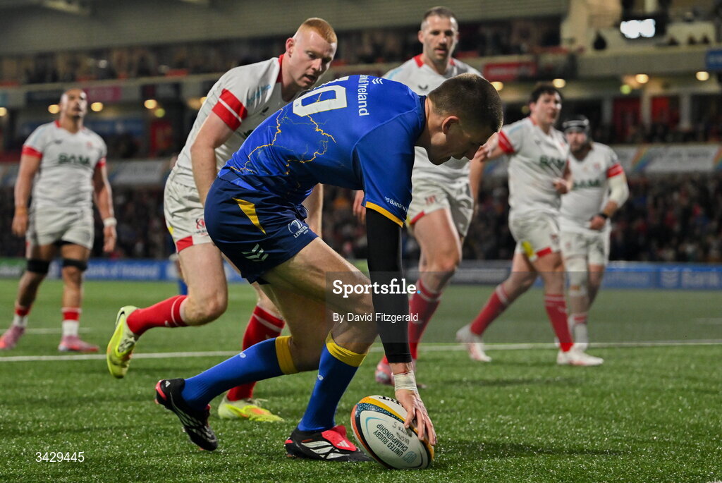 17 April 2026; Sam Prendergast of Leinster scores his side's fourth try during the United Rugby Championship match between Ulster and Leinster at Affidea Stadium in Belfast. Photo by David Fitzgerald/Sportsfile
