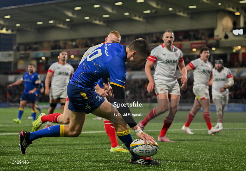 17 April 2026; Sam Prendergast of Leinster scores his side's fourth try during the United Rugby Championship match between Ulster and Leinster at Affidea Stadium in Belfast. Photo by David Fitzgerald/Sportsfile