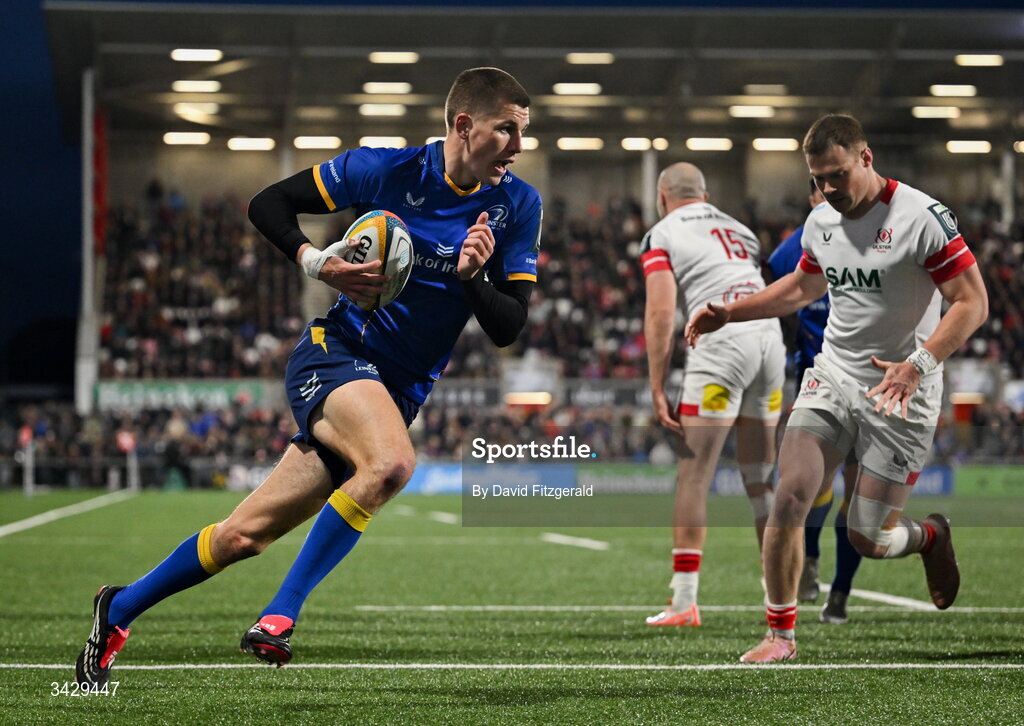 17 April 2026; Sam Prendergast of Leinster on his way to scoring his side's fourth try during the United Rugby Championship match between Ulster and Leinster at Affidea Stadium in Belfast. Photo by David Fitzgerald/Sportsfile