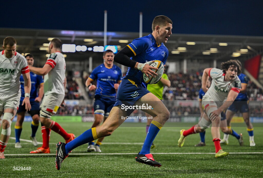 17 April 2026; Sam Prendergast of Leinster on his way to scoring his side's fourth try during the United Rugby Championship match between Ulster and Leinster at Affidea Stadium in Belfast. Photo by David Fitzgerald/Sportsfile
