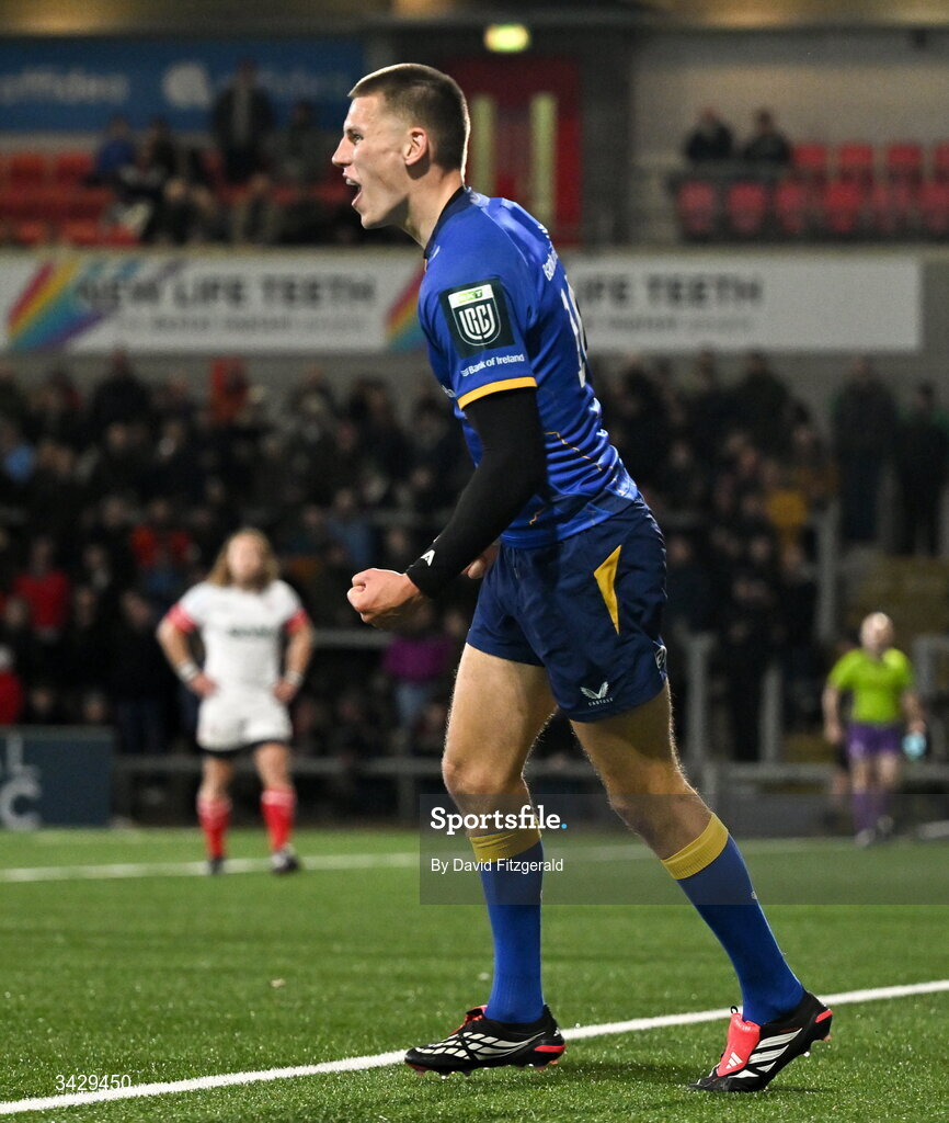 17 April 2026; Sam Prendergast of Leinster celebrates after scoring his side's fourth try during the United Rugby Championship match between Ulster and Leinster at Affidea Stadium in Belfast. Photo by David Fitzgerald/Sportsfile