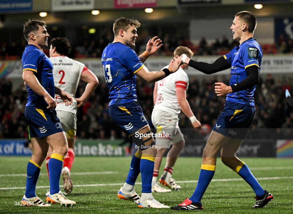 17 April 2026; Sam Prendergast of Leinster celebrates with team mate Garry Ringrose after scoring their side's fourth try during the United Rugby Championship match between Ulster and Leinster at Affidea Stadium in Belfast. Photo by David Fitzgerald/Sportsfile